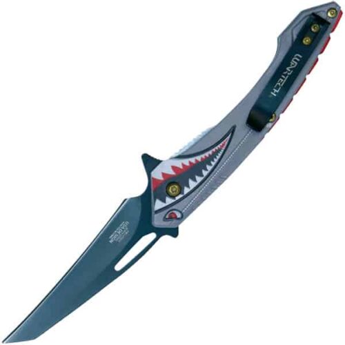 Assisted Open Folding Pocket Knife Gray with Flying Shark Design - Image 2